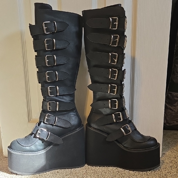 Demonia Trinity Black Platform Boots with Silver Buckles - Picture 2 of 11